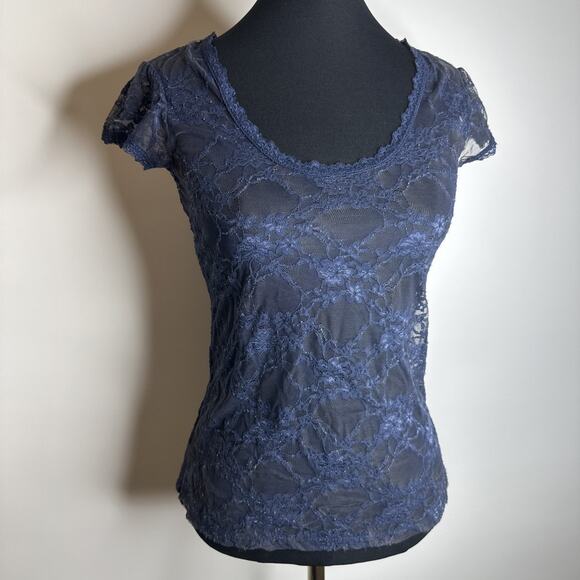 Y2k Down East Basics Womens S Navy Blue Stretchy Sheer Floral Lace T Shirt Top - Picture 1 of 11